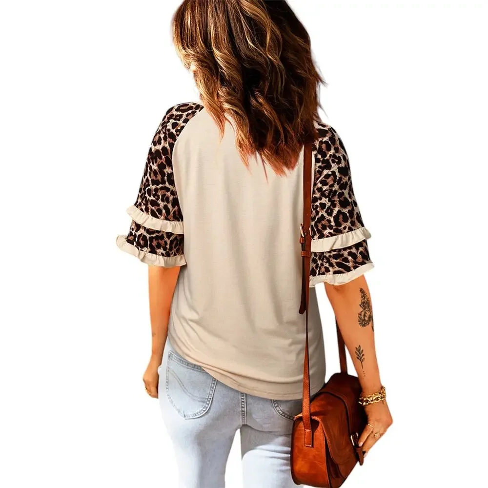 Tan Ruffled Leopard Sleeve Patchwork Top New Size Small